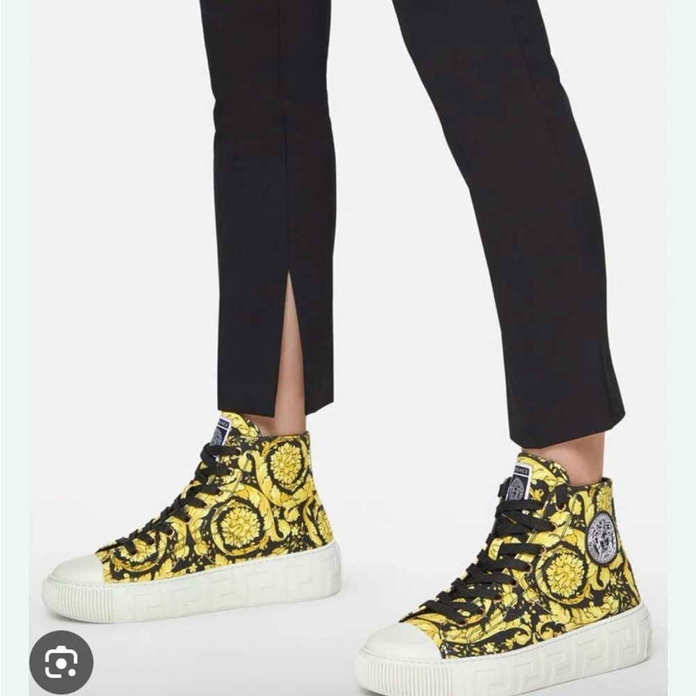 Versace high top Nero Oro Canvas sneakers. Made in Italy. Front lace up.
